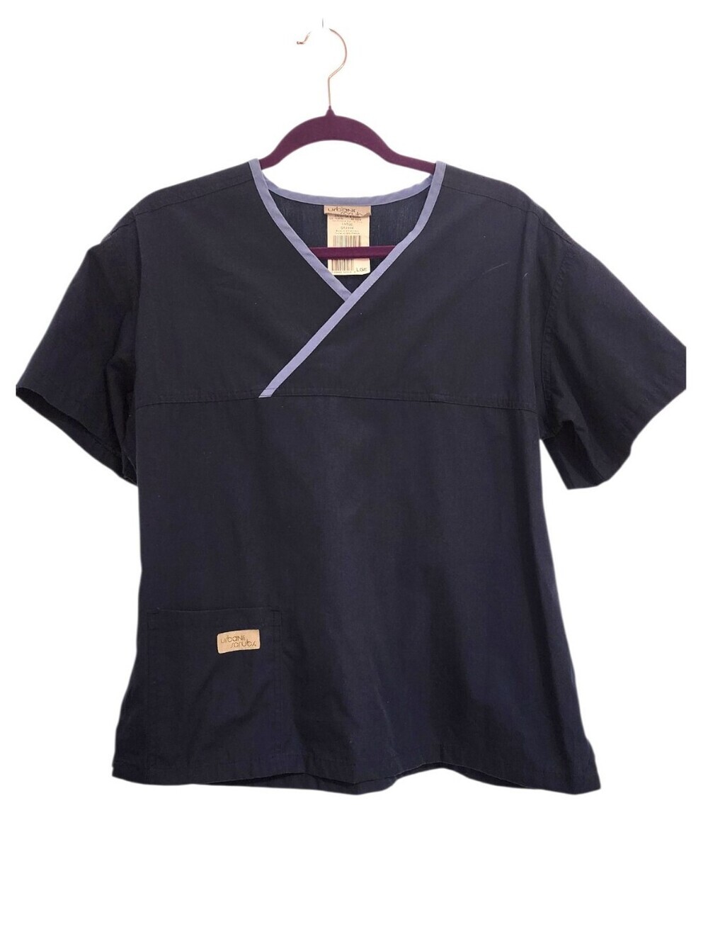 Urbane Scrubs Navy Blue Medical Scrub Top with Light Blue Trim, Size Large
